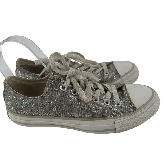 Converse All Star Low Top Sneakers Silver Glitter Womens Size 7 Prom Wedding - Picture 2 of 10